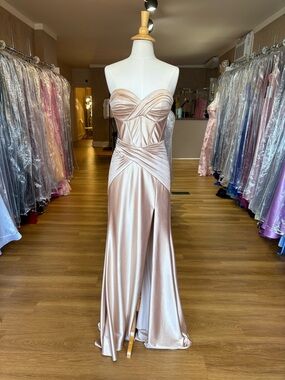 Strapless Satin Evening Gown in Champagne